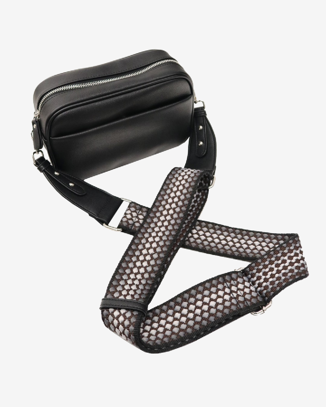 Black bag with a thick black and white strap