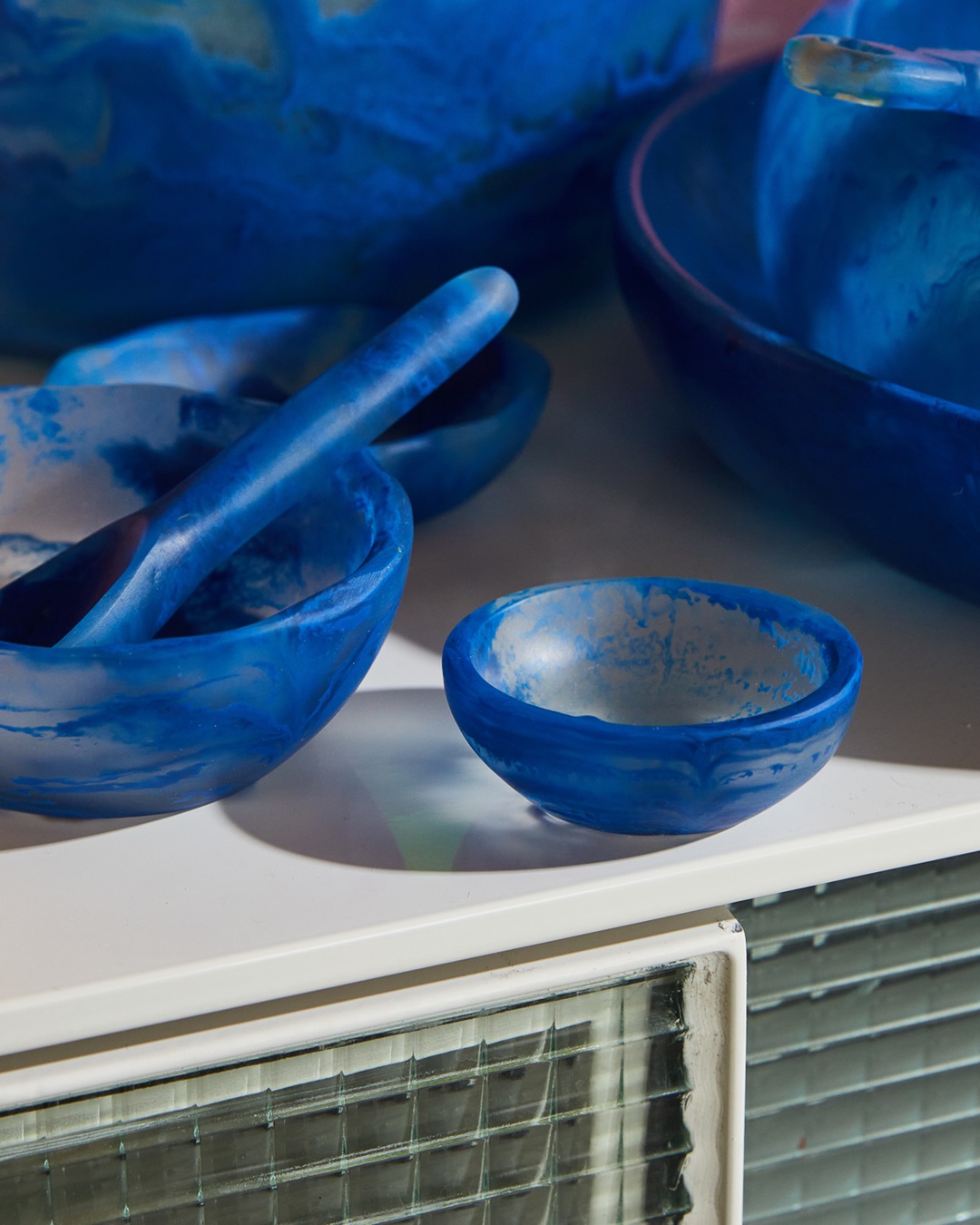 Blue bowls on a table