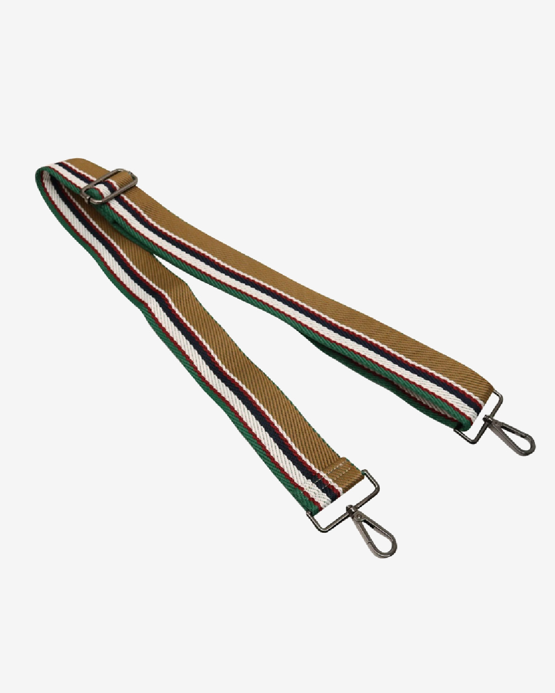 Brown and green stripe fabric strap with two hooks