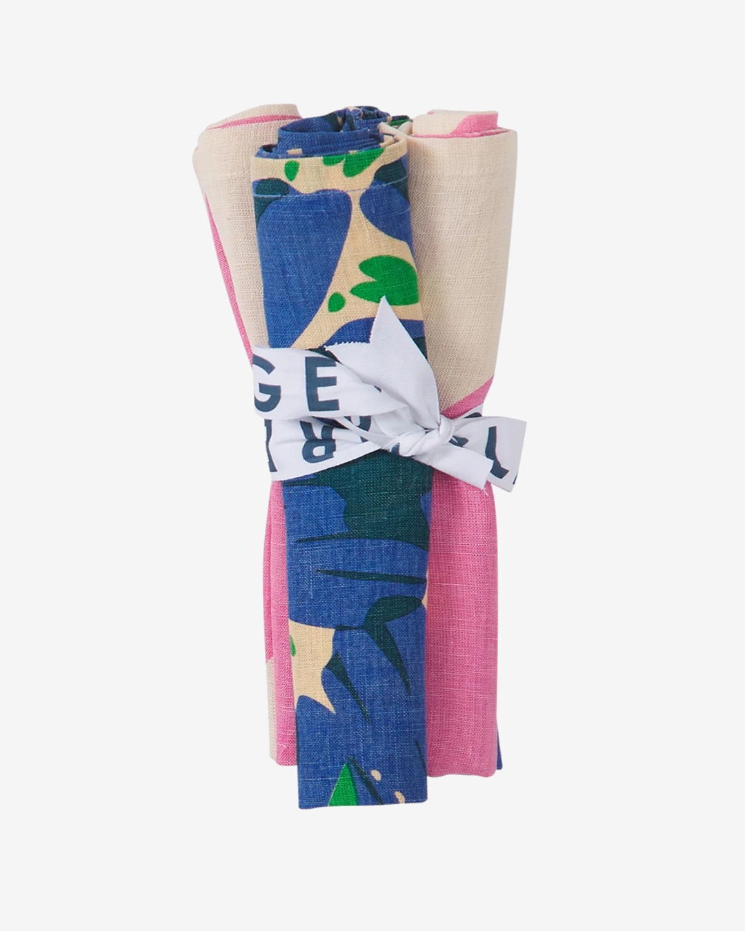 Pink stripe and blue floral napkins rolled and tied with ribbon