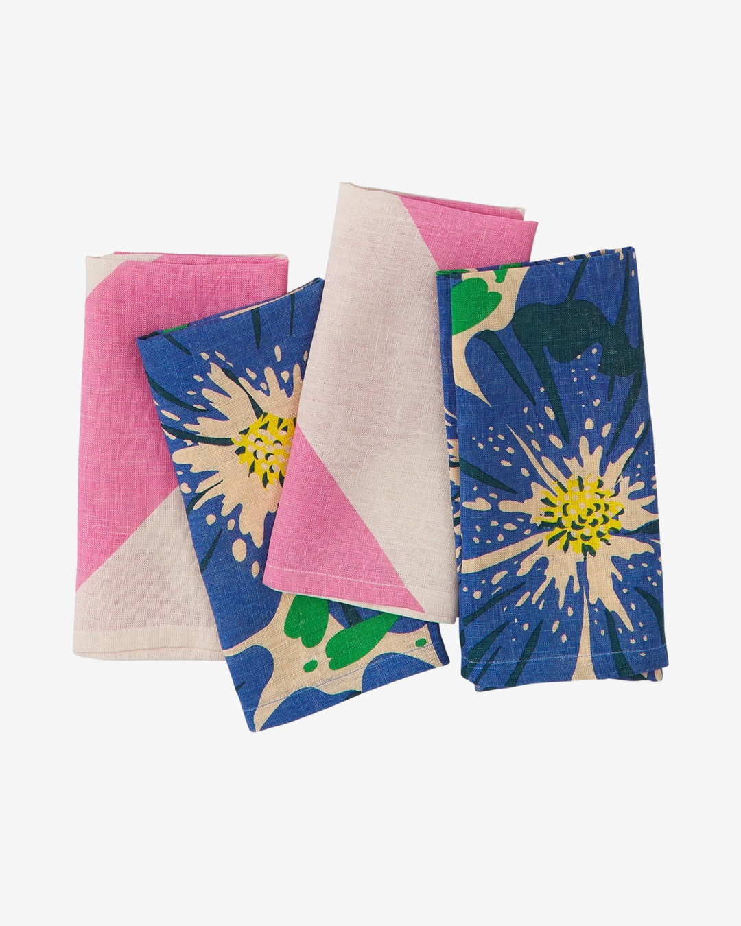 Pink stripe and blue floral napkins folded