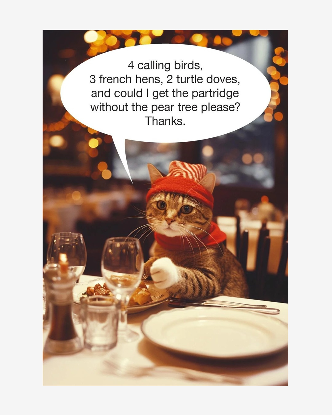 Cat at table Christmas card