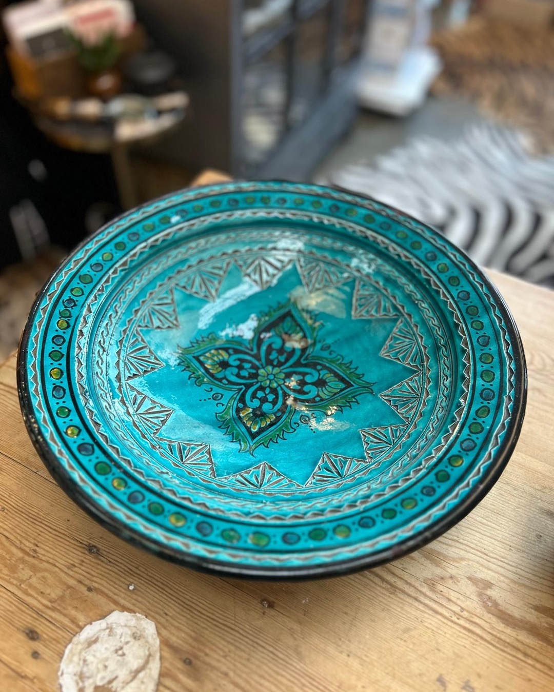 Teal French antique Morrocan dish on wooden table