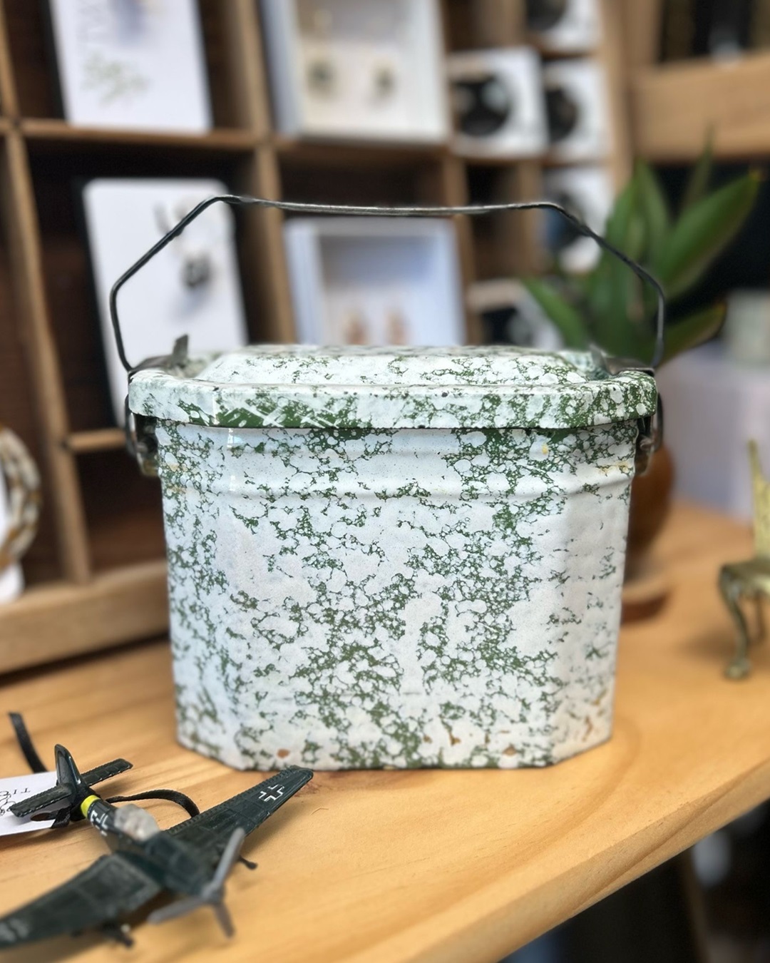 French enamel lunch box white and green with handle