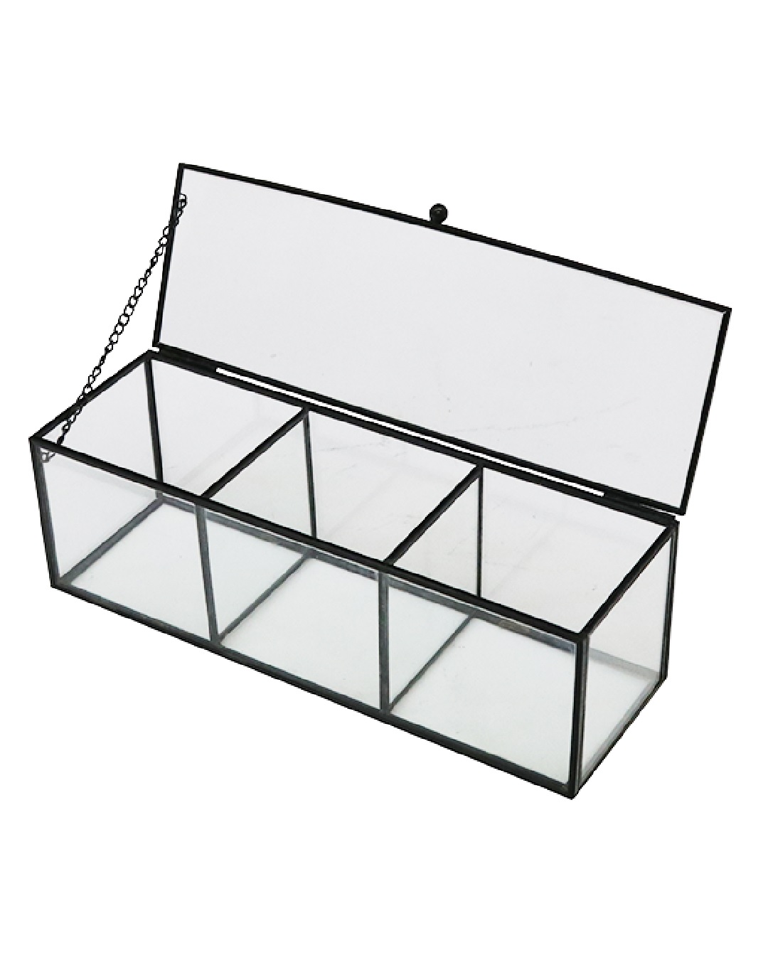 Glass and metal 3 compartment hinge box open