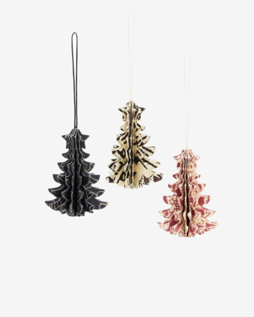 Three hanging tree decorations