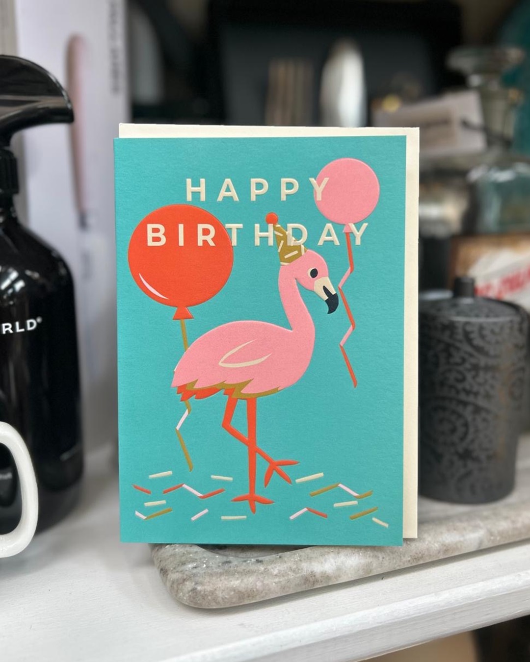 Green and pink flamingo birthday card