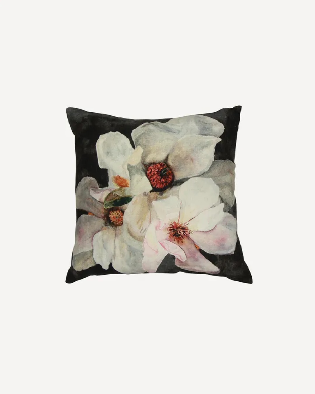 Charcoal cushion with magnolia flowers on it