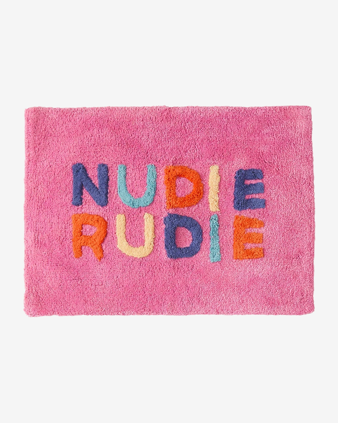 Pink bath mat with Nudie Rudie on it