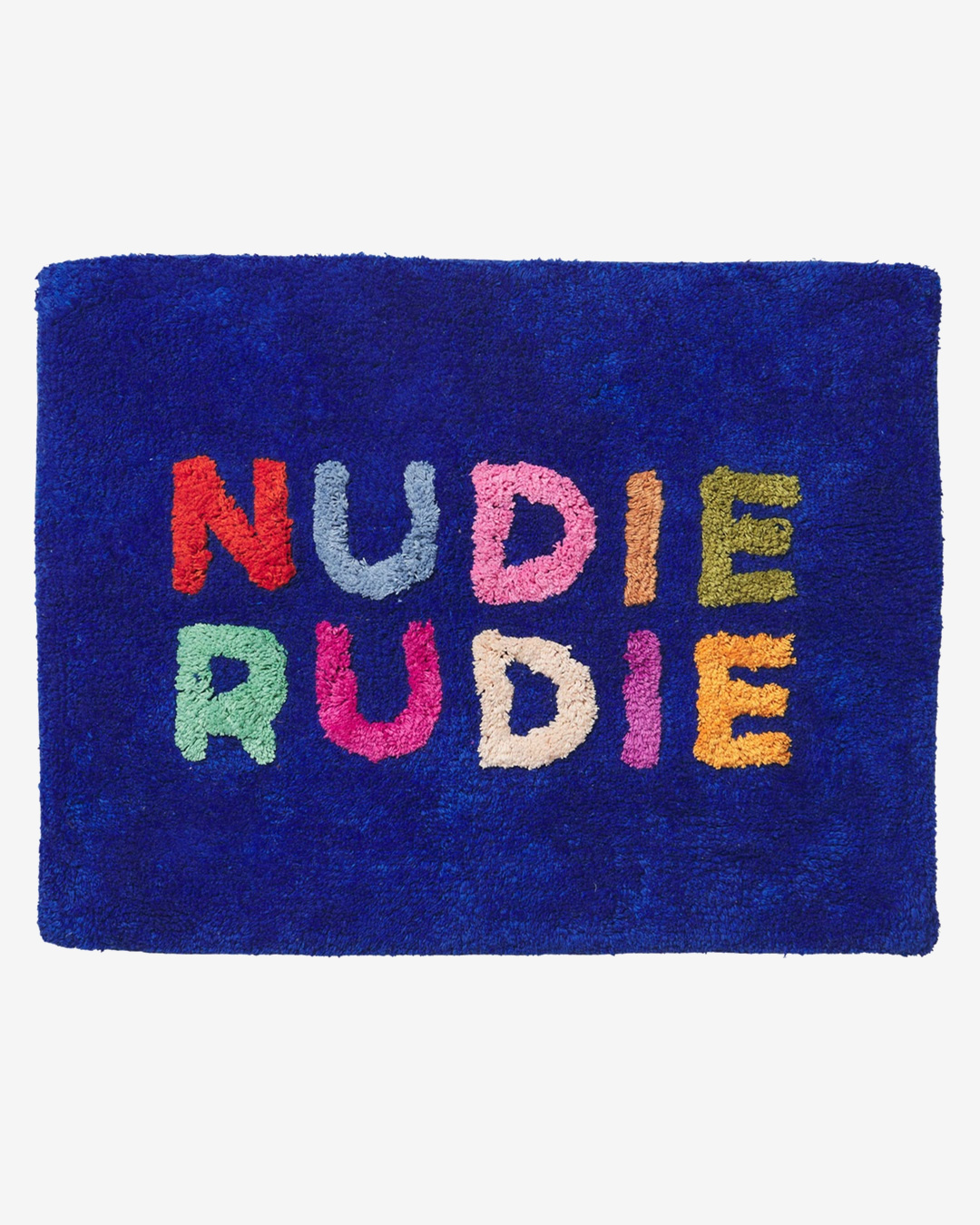 Blue and coloured mini bath mat with nudie rudie