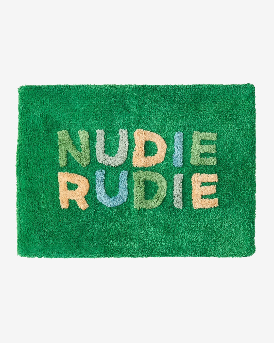 Green bath mat with Nudie Rudie on it