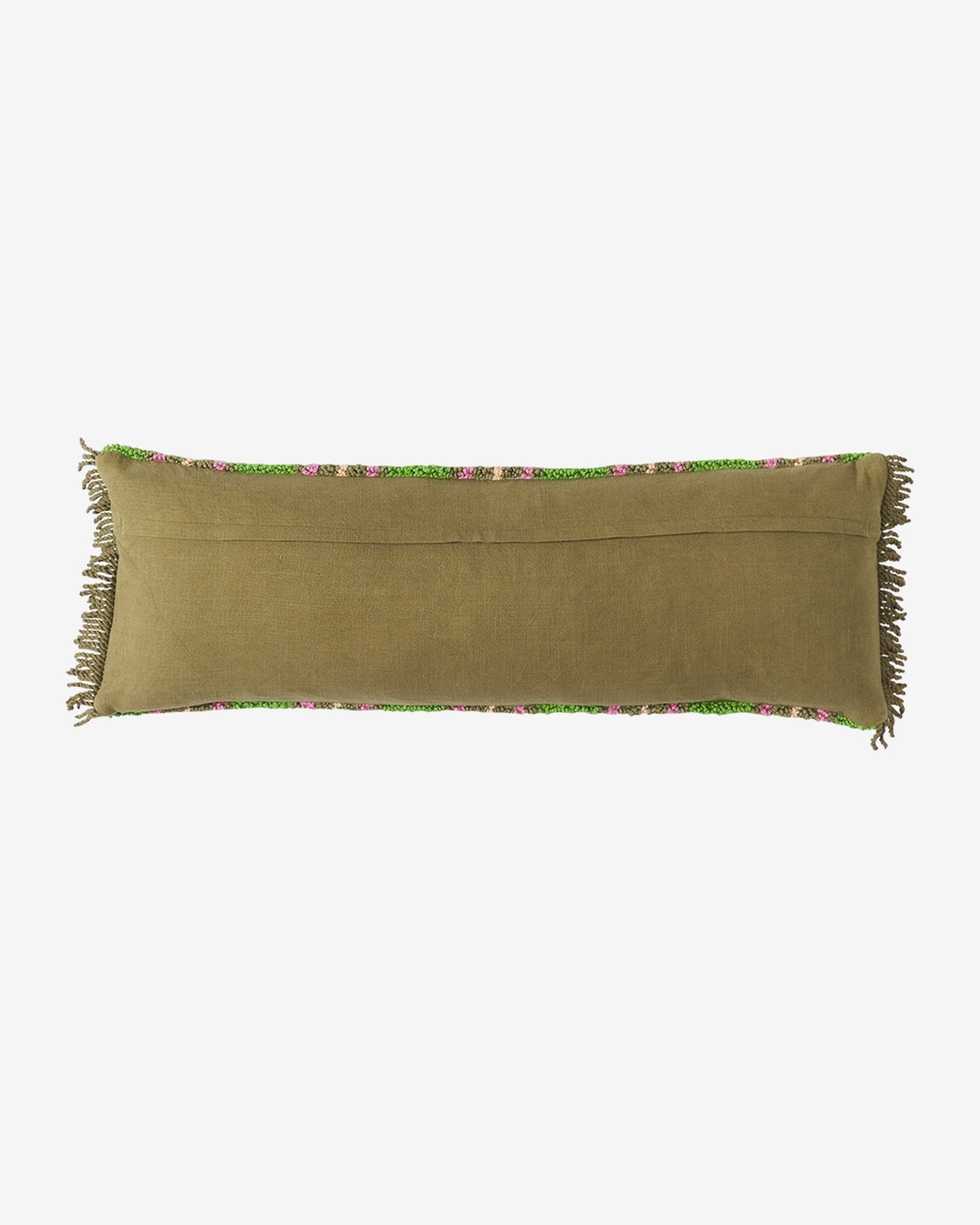 Green and pink stripe rectangle cushion with fringe