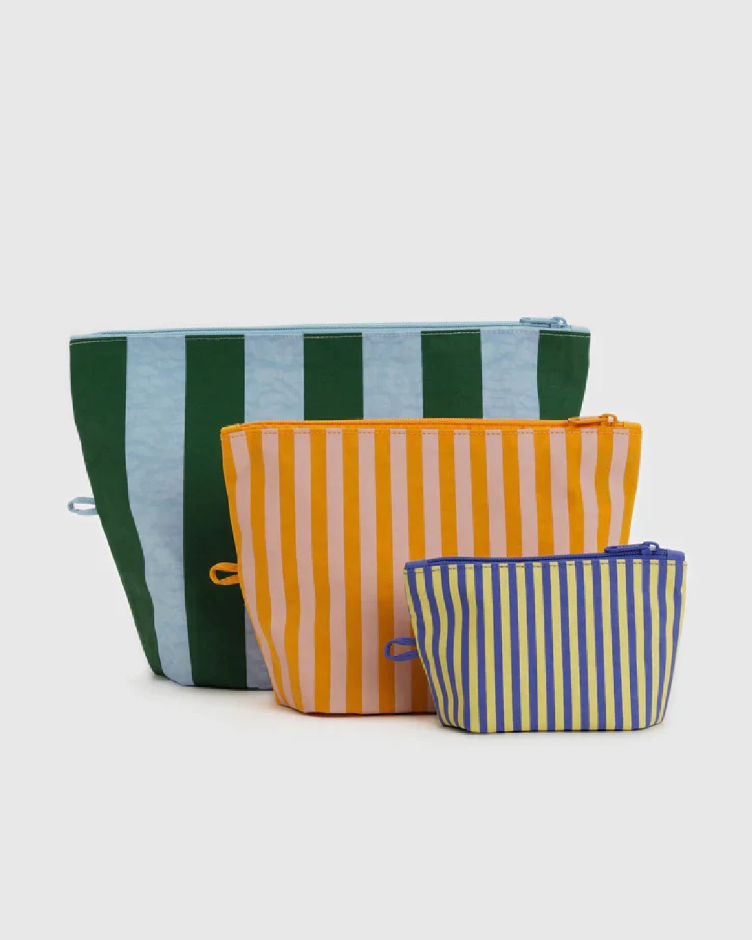 Pouch zip set striped in green and blue orange and yellow and blue