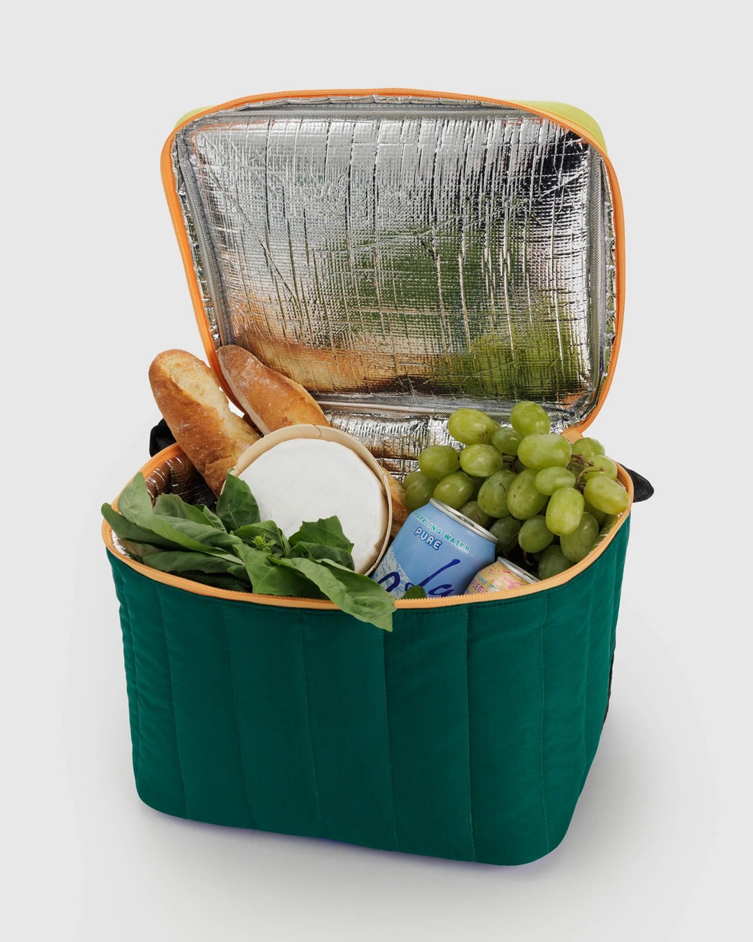 Puffer green cooler bag with food in