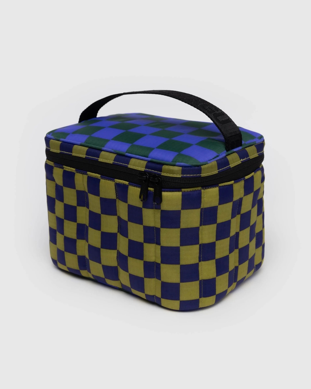 Check lunch bag green and blue with black zip and handle