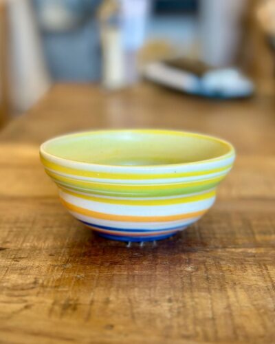 Rainbow ceramic bowl on wooden table