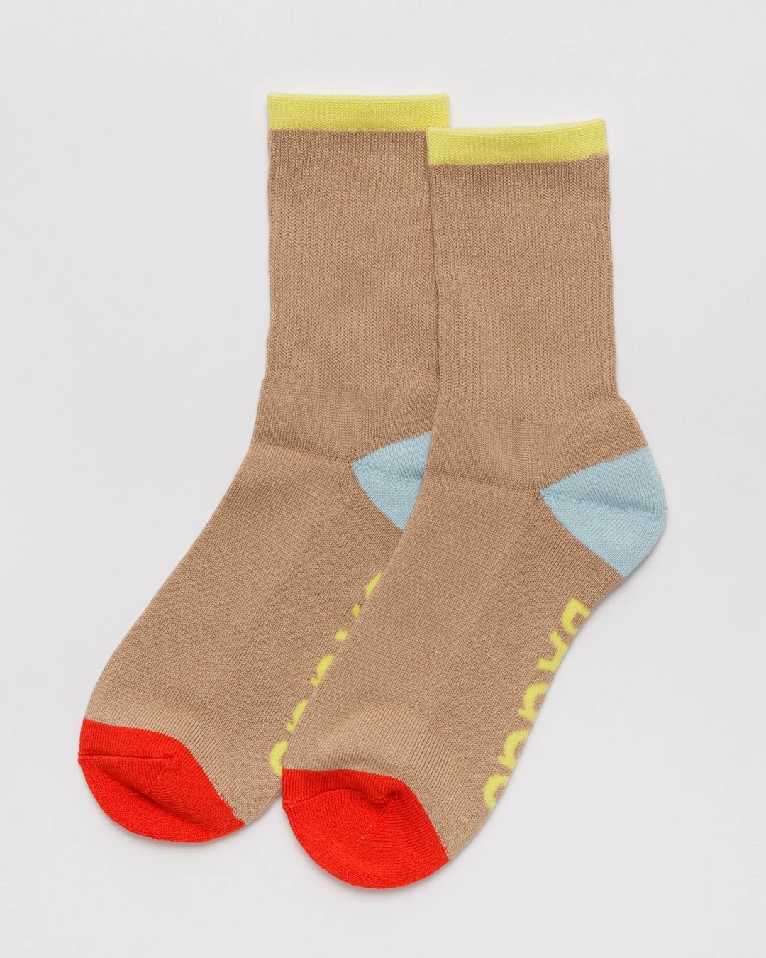 Baggu socks brown, yellow, red and blue