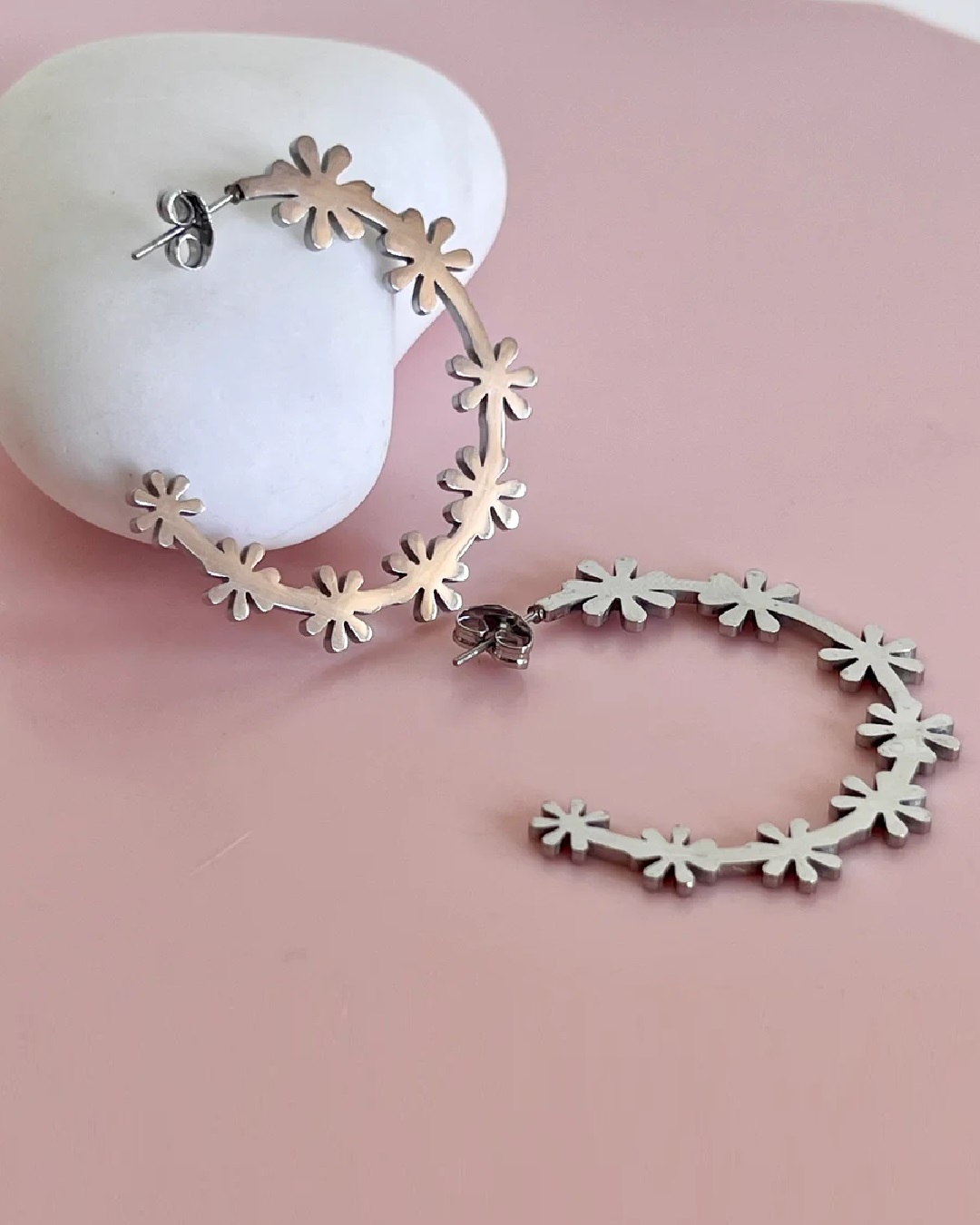Silver daisy chain half hoop earrings