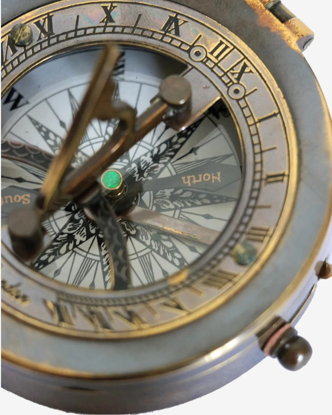 Sundial with compass in two tone antique finish close up
