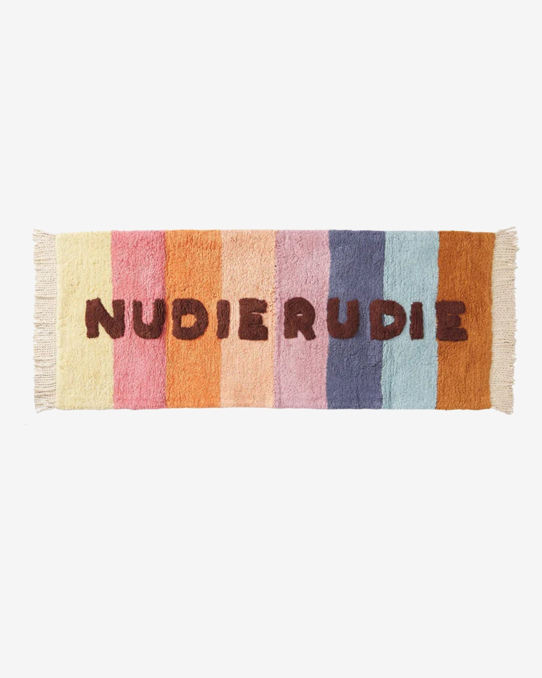 Nudie Rudie bathroom runner with multi coloured stripes and tassels