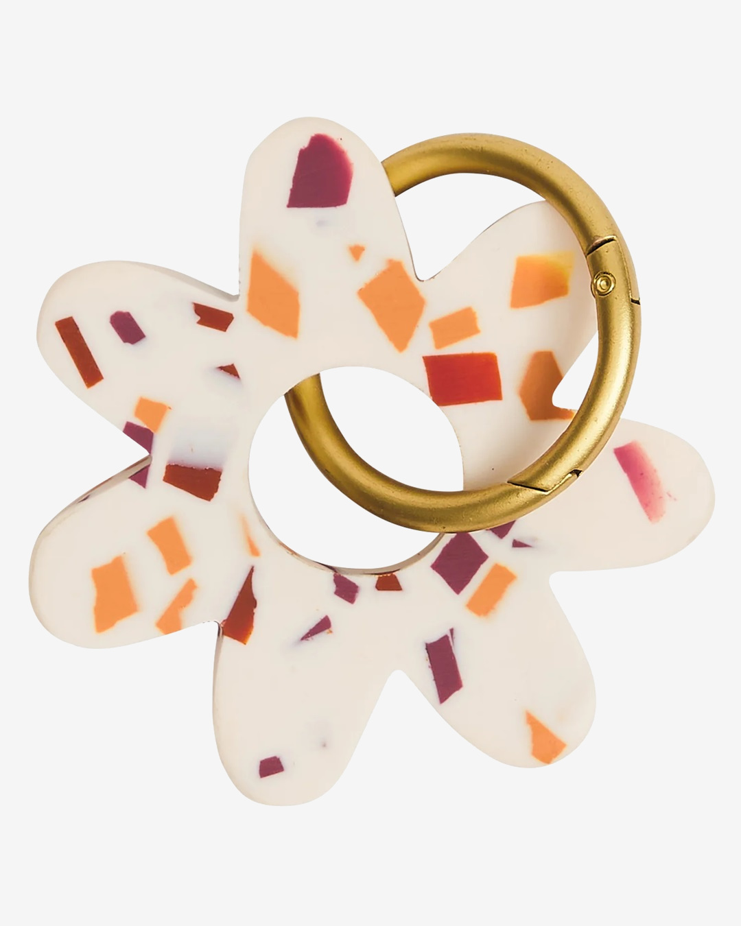 white orange and red terrazzo flower keyring with gold loop