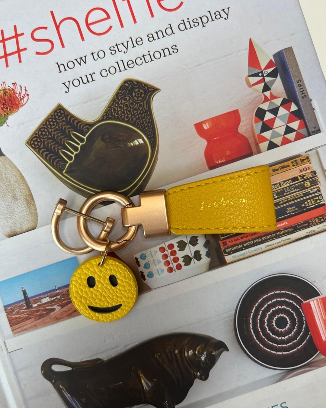 Yellow leather smiley face keyring