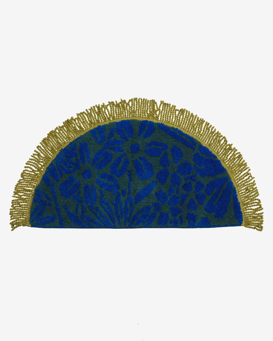 Blue and gold bath mat with fringe