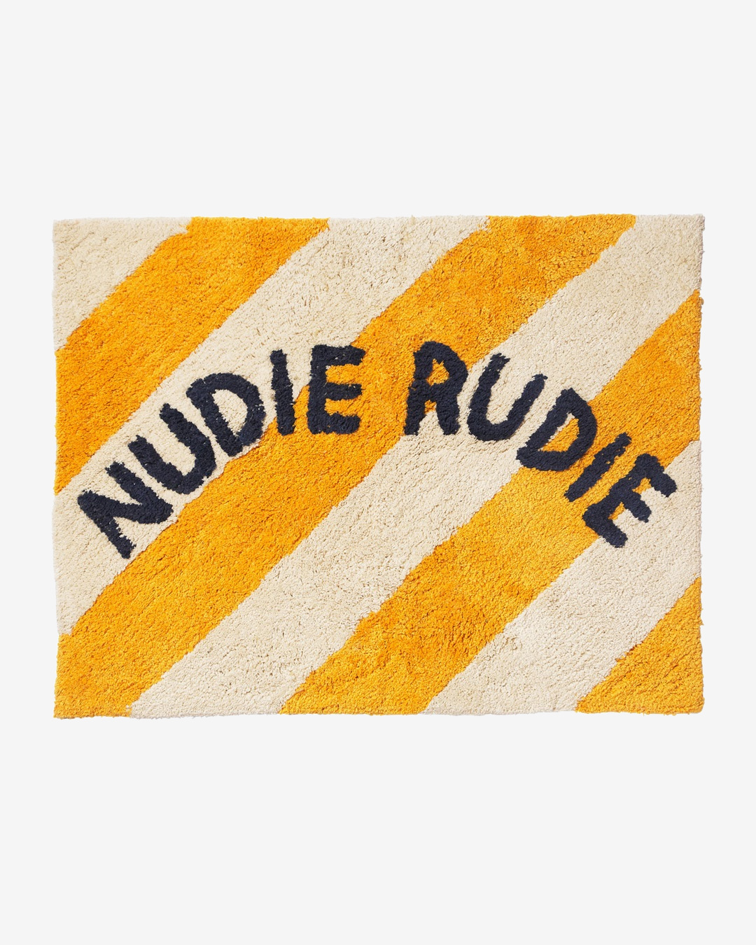 Gold and white stripe bath mat with Nudie Rudie